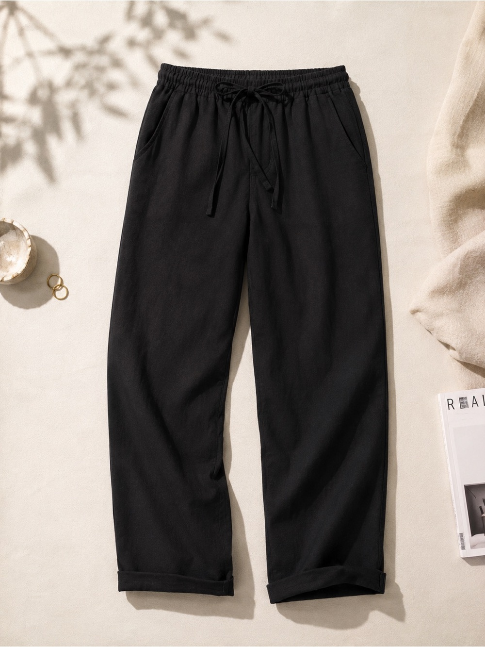 Classic Editions Black Linen Blend Pull-On Pants | Elastic Waist
